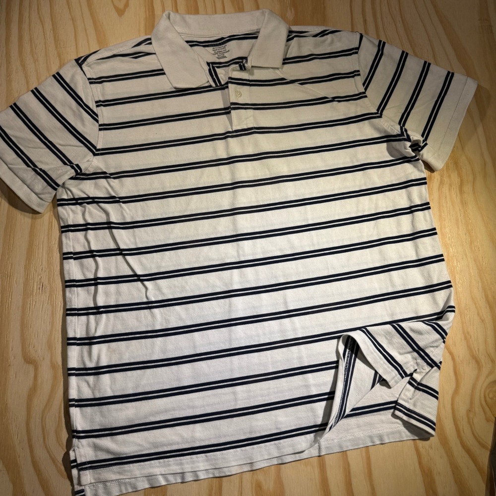 Merona Men's Ultimate Polo Shirt White Navy Blue Striped Short Sleeve Size XL